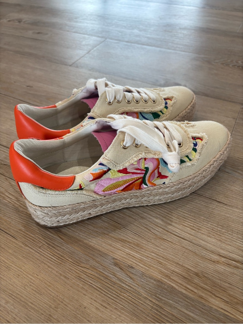 Canvas Espadrille Platform Sneakers in Cream with Multicolor Embroidery